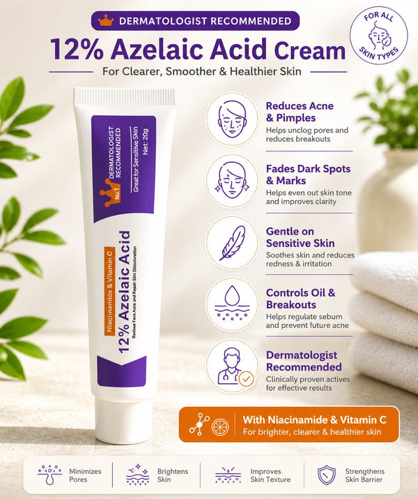 12% Azelaic Acid Cream with Niacinamide & Vitamin C for Acne, Dark Spots & Oil Control | Suitable for Sensitive Skin )